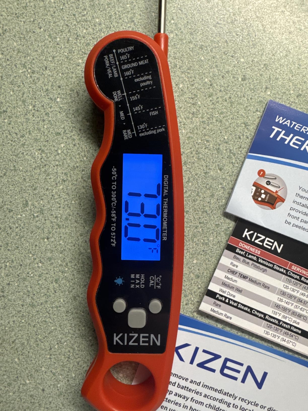 KIZEN Instant Read Meat Thermometer Digital - Food Thermometer for Cooking, Grill, Oven, BBQ - IP67 Rated Waterproof - Large Backlit Display and Magnetic Back customer photo 2