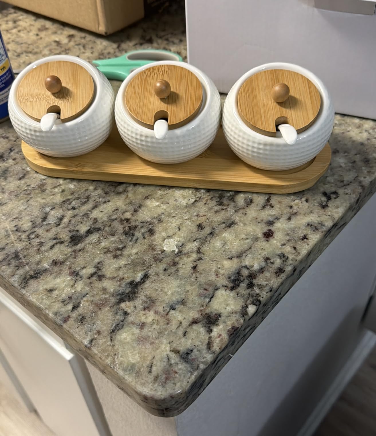 Porcelain Condiment Jar Spice Container with Lids - Bamboo Cap Holder Spot, Ceramic Serving Spoon, Wooden Tray Best Pottery Cruet Pot for Your Home, Kitchen, Counter. White,170 ML (5.8 OZ), Set of 3 customer photo 1