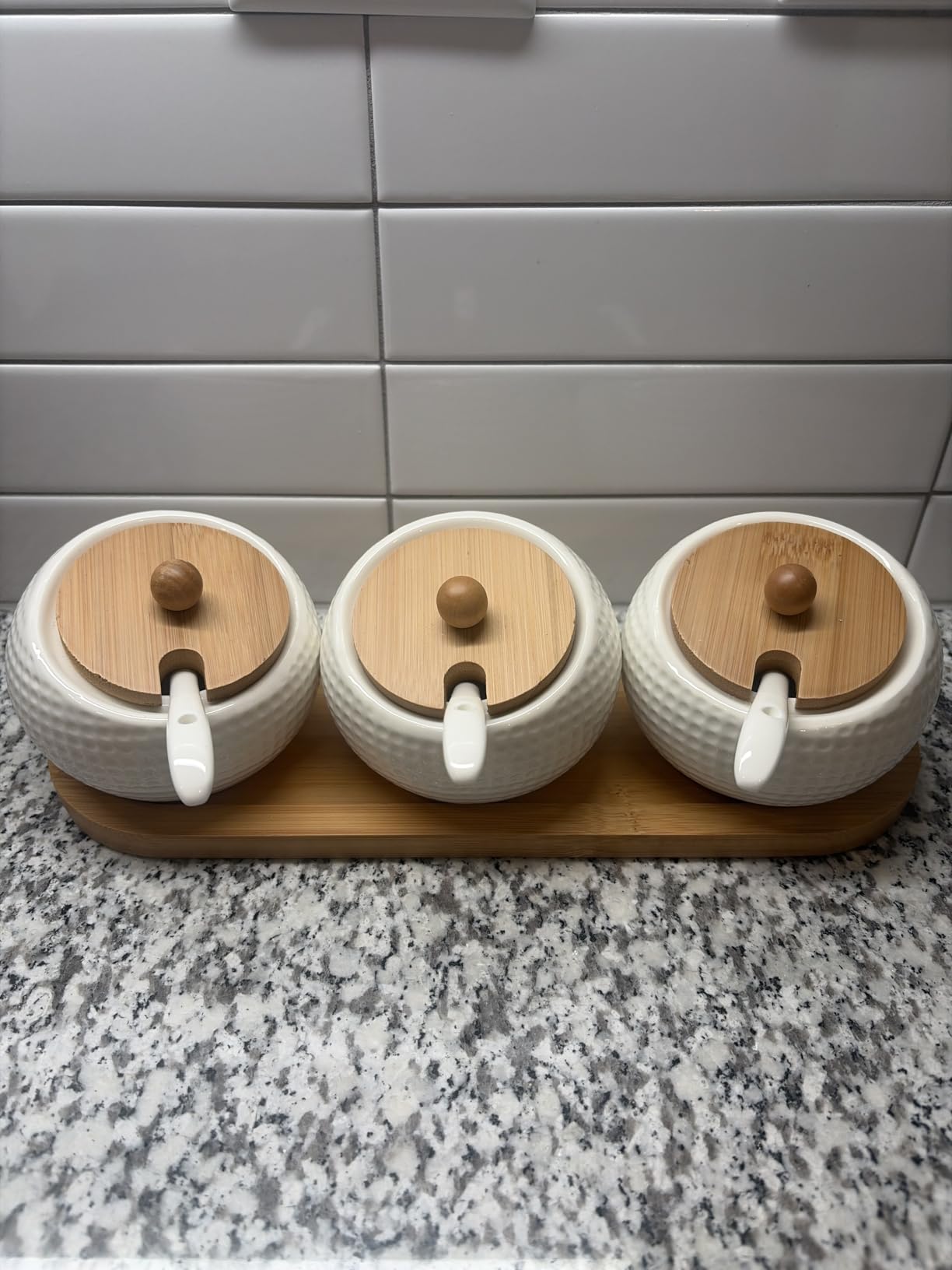 Porcelain Condiment Jar Spice Container with Lids - Bamboo Cap Holder Spot, Ceramic Serving Spoon, Wooden Tray Best Pottery Cruet Pot for Your Home, Kitchen, Counter. White,170 ML (5.8 OZ), Set of 3 customer photo 2