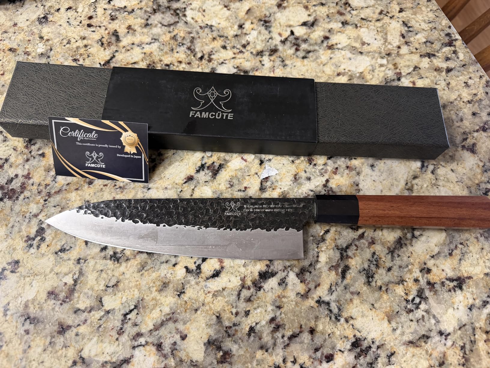 FAMCÜTE 8 Inch Japanese Knife, Hand Forged 5 Layers High Carbon 9CR18MOV Steel Rosewood Handle Chef Knife, Ultra Sharp Durable Professional Kitchen Knife customer photo 2
