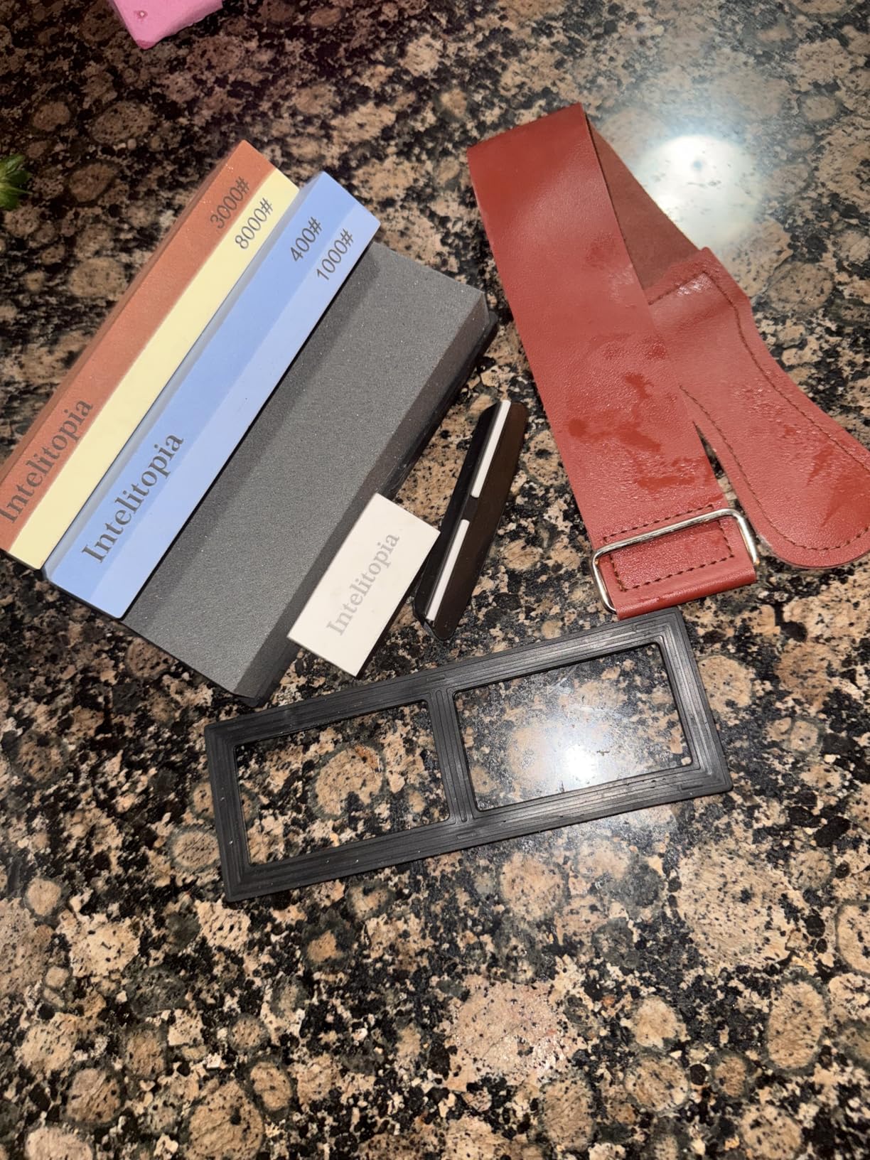 Intelitopia Complete Knife Sharpening Stone Set – Dual Grit Whetstone 400/1000 3000/8000 Knife Sharpener with Leather Strop, Flattening Stone, Bamboo Base, 3 Non-slip Rubber Bases & Angle Guide customer photo 2