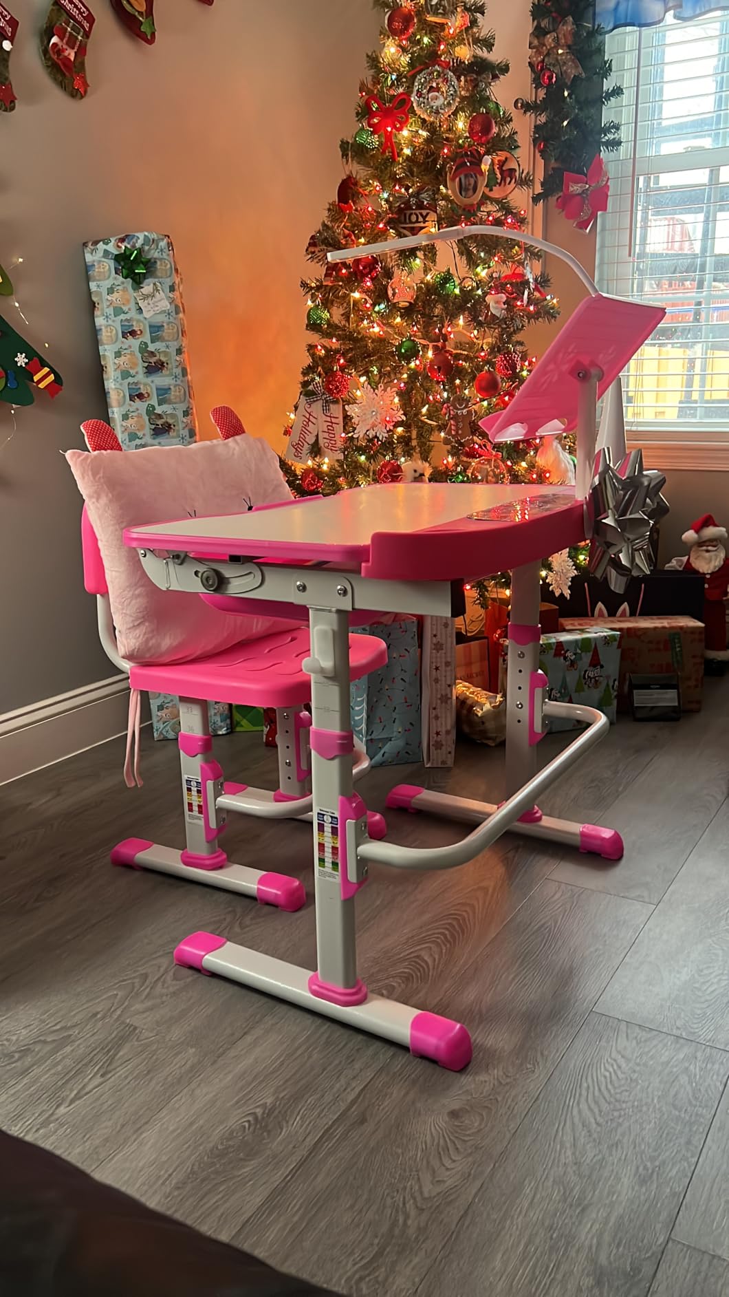 SMAGREHO Kids' Desk and Chair Set, Height Adjustable Child's School Study Writing Tables with Tilt Desktop, LED Light, Storage Drawer, Book Stand (Grey) customer photo 1