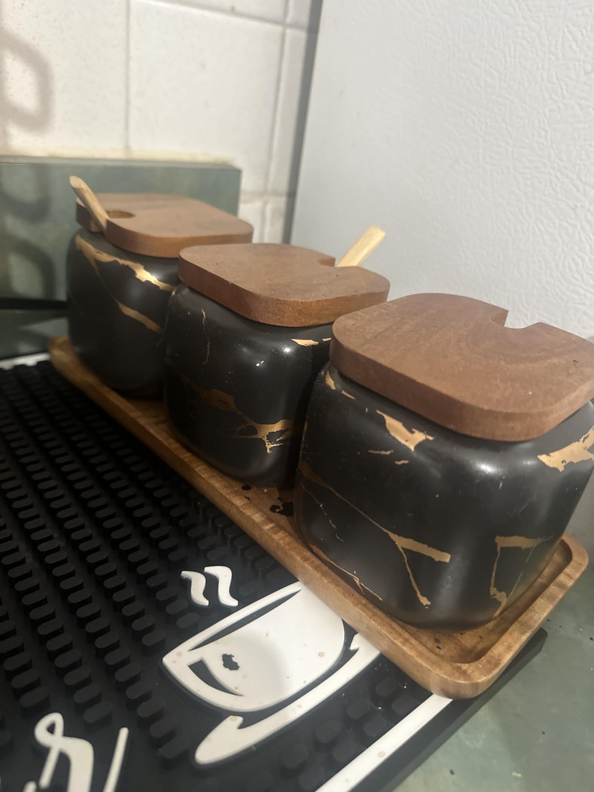 Ceramic Spice Jars Porcelain Condiment Jars Set Marble Ceramic Seasoning Box 3pcs Condiment Pots for salt, sugar, pepper Kitchen Seasoning Condiment Jar Set customer photo 2