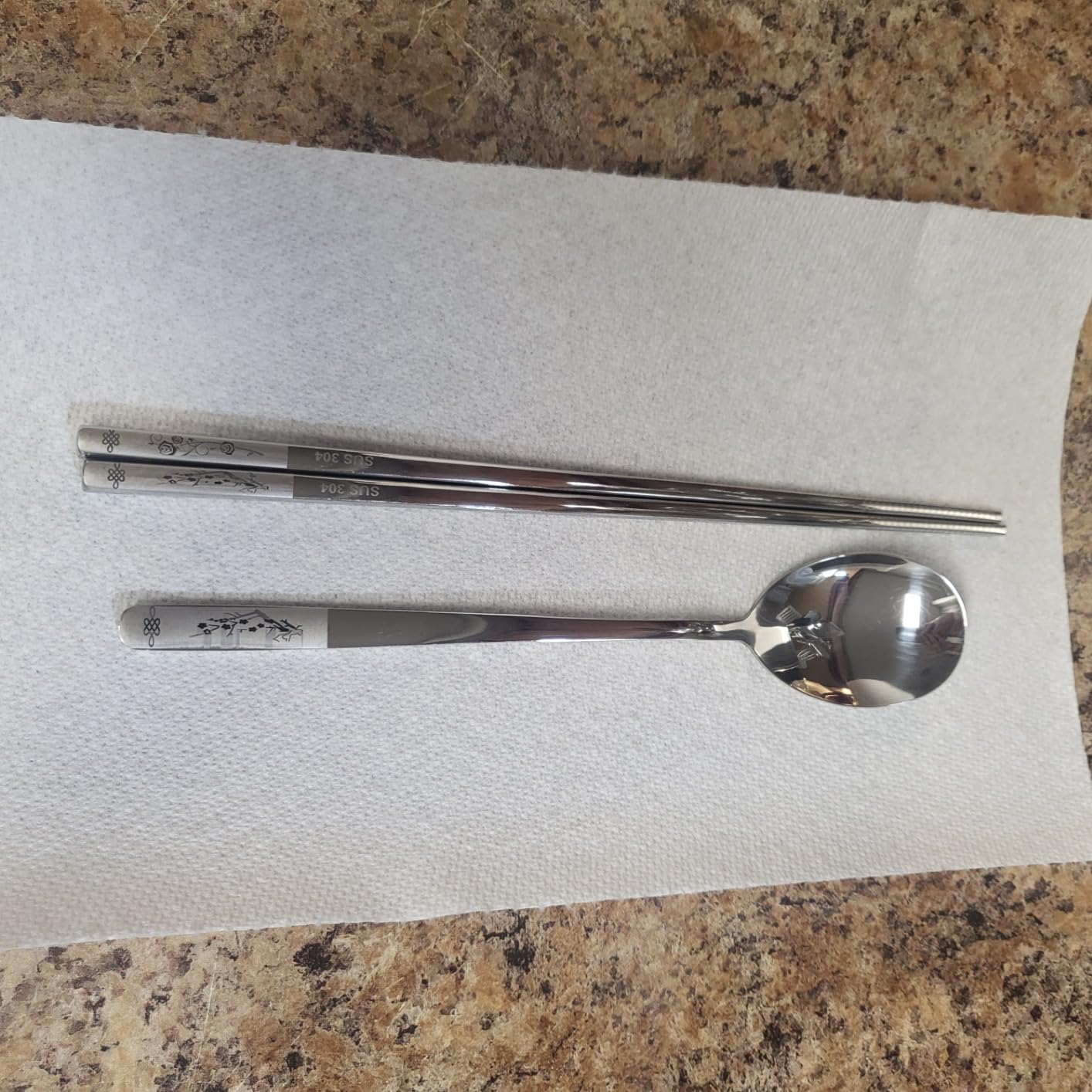 Reusable Chopstick and Spoon Set, Korean Long Handle Stainless Steel Spoon and Chopsticks Set, Dishwasher Safe Metal Chop sticks, Set of 3. (Multi-patterned) customer photo 1