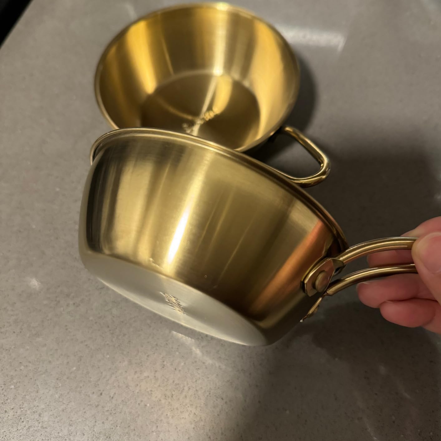 2-Pack Makgeolli Bowls, 304 Stainless Steel Korean Traditional Bowls Rice Wine Bowl with Handle, Hiking Soup Dish, Food Bowl Camp Cup, 4.7 Inch, 10 Ounces (Gold) customer photo 1