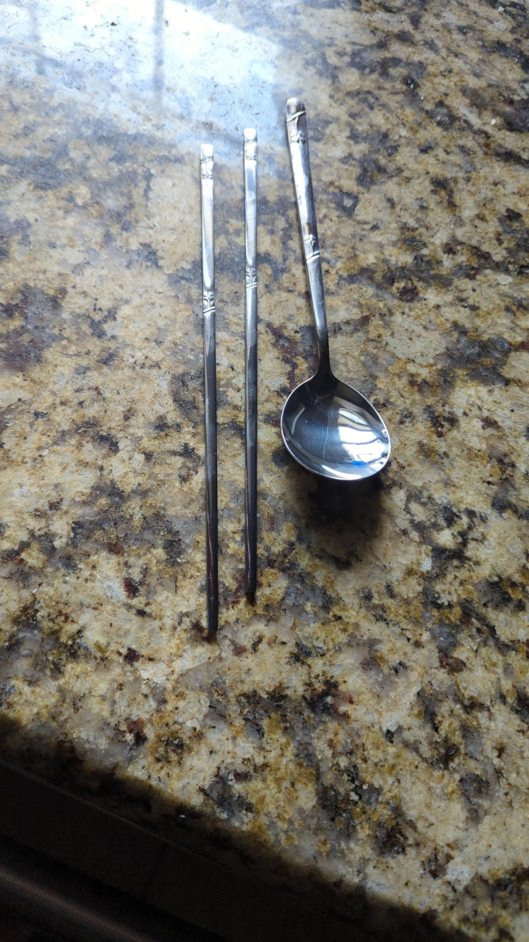 Korean Metal Chopsticks and Spoons Set, Reusable Stainless Steel Flatware Chopsticks and Spoons with long-hand, set of 3 (Lucky Clover) customer photo 1