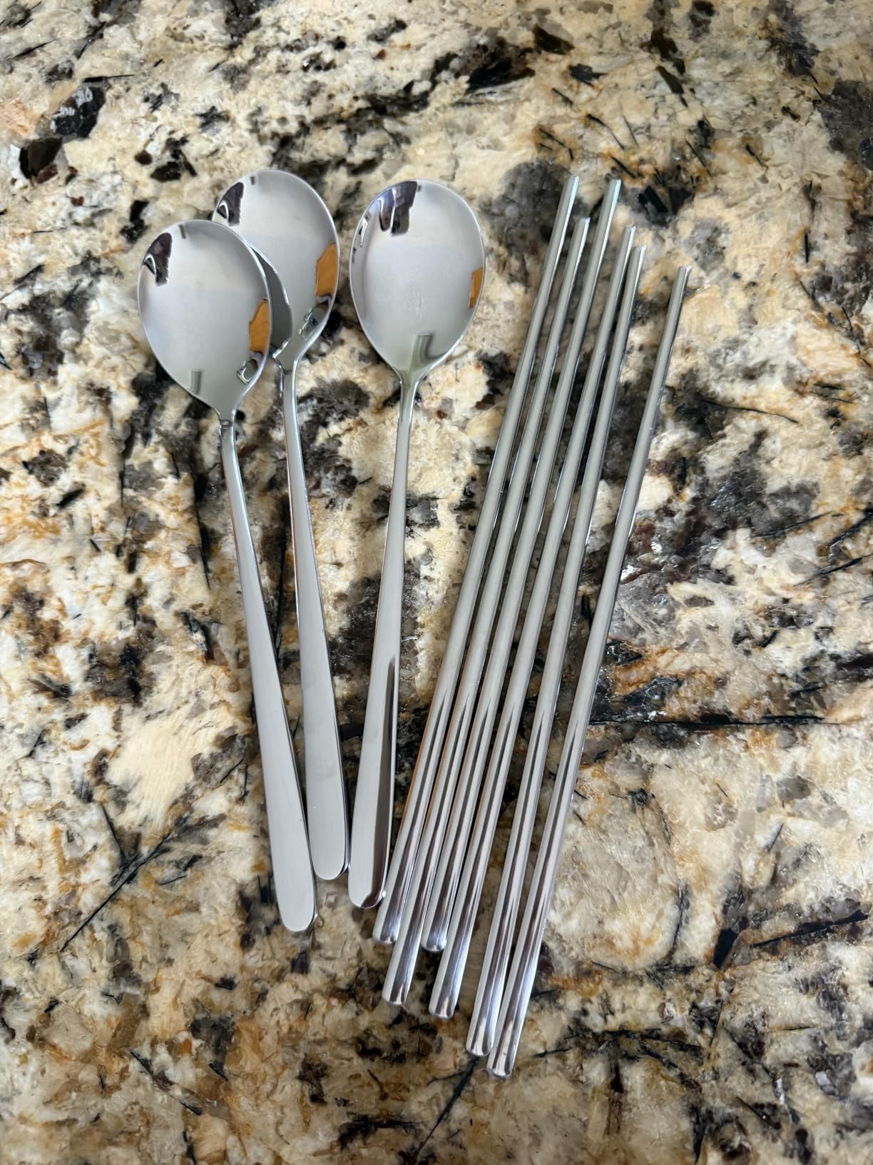 Korean Metal Chopsticks and Spoons Set, Reusable Stainless Steel Flatware Chopsticks and Spoons with long-hand, set of 3 (Lucky Clover) customer photo 2
