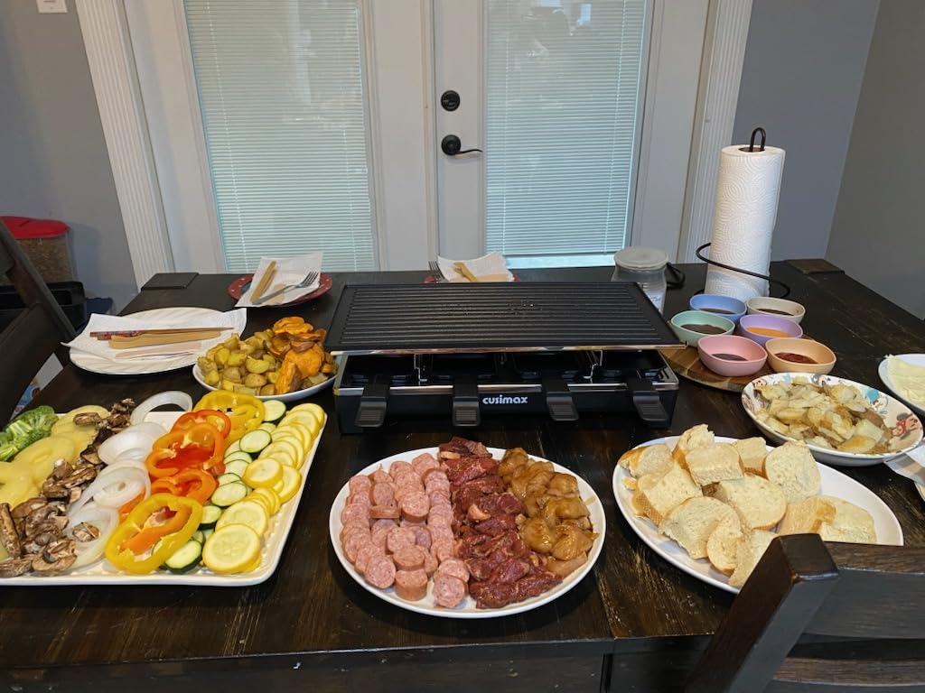 Raclette Table Grill, CUSIMAX Electric Grill, Indoor Grill Korean BBQ Grill With 2 in 1 Reversible Non-stick Plate, Crepe Maker with Adjustable temperature control, 8 Raclette Pans & Wooden Spatulas customer photo 2