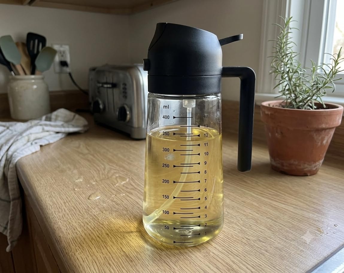 TrendPlain 16oz/470ml Glass Olive Oil Sprayer for Cooking - 2 in 1 Olive Oil Dispenser Bottle for Kitchen Gadgets and Air Fryer Accessories, Salad, BBQ - Black customer photo 1
