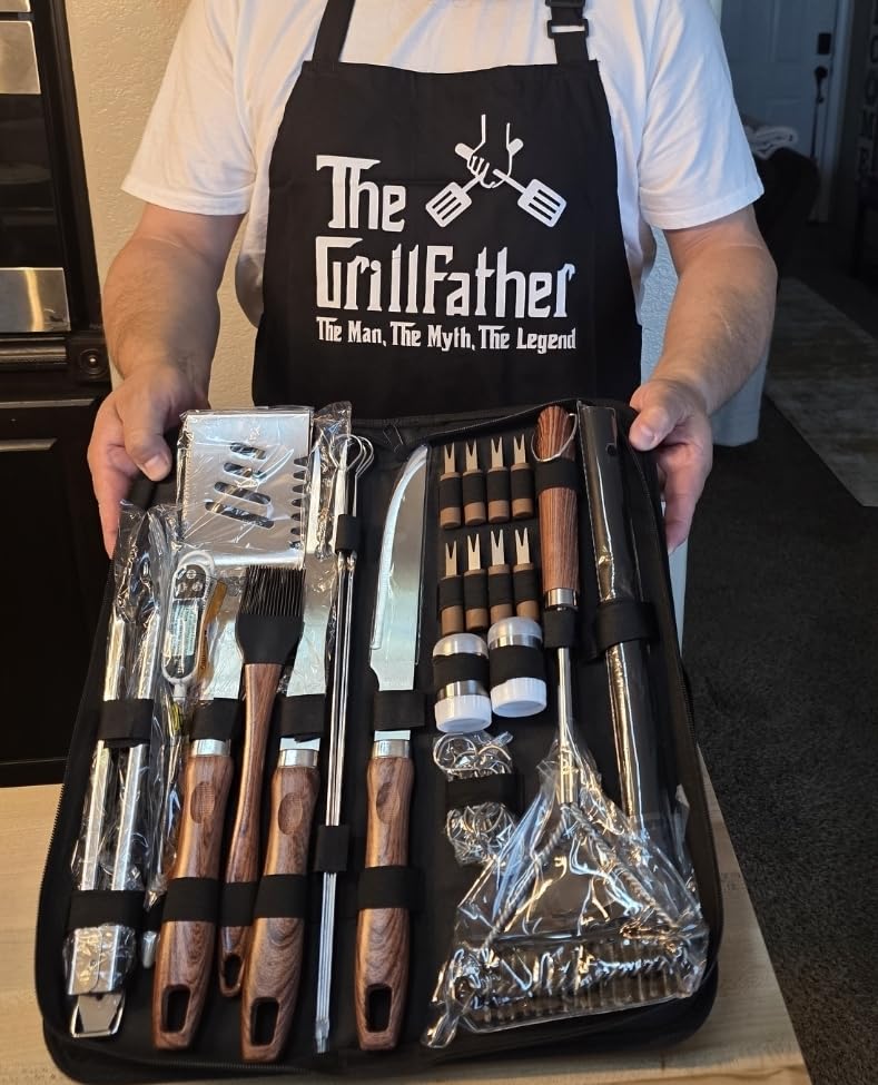 RINPIR 31pcs BBQ Grill Accessories Gifts for Men Dad, Heavy Duty Grilling Tools Gift Set for Father‘s Day, Stainless Steel BBQ Utensils Kit with Mats, Grill Brush in Carrying Bag Brown customer photo 1