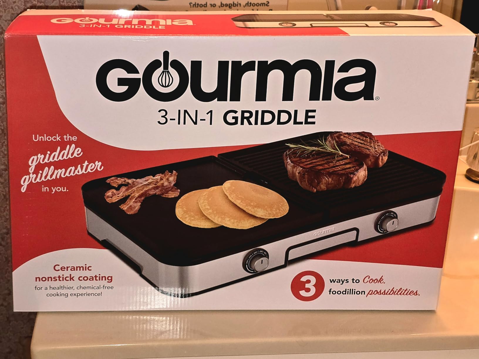 Gourmia 3-in-1 Indoor Grill & Griddle Electric Combo - Dual Independent Cooking Zones, Reversible Nonstick Ceramic Plates, XL Cooking Surface, 250-400°F Adjustable Temp, Dishwasher Safe customer photo 1