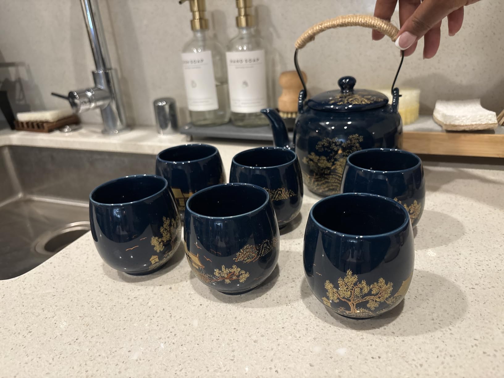 Gift Set Japanese Tea Set, Asian Black Glazed Ceramic Tea Set - Contains 1 Teapot, 1 Tea Strainer and 6 Teacups. Ideal for Home, Outdoor, Office (Blue1) customer photo 1