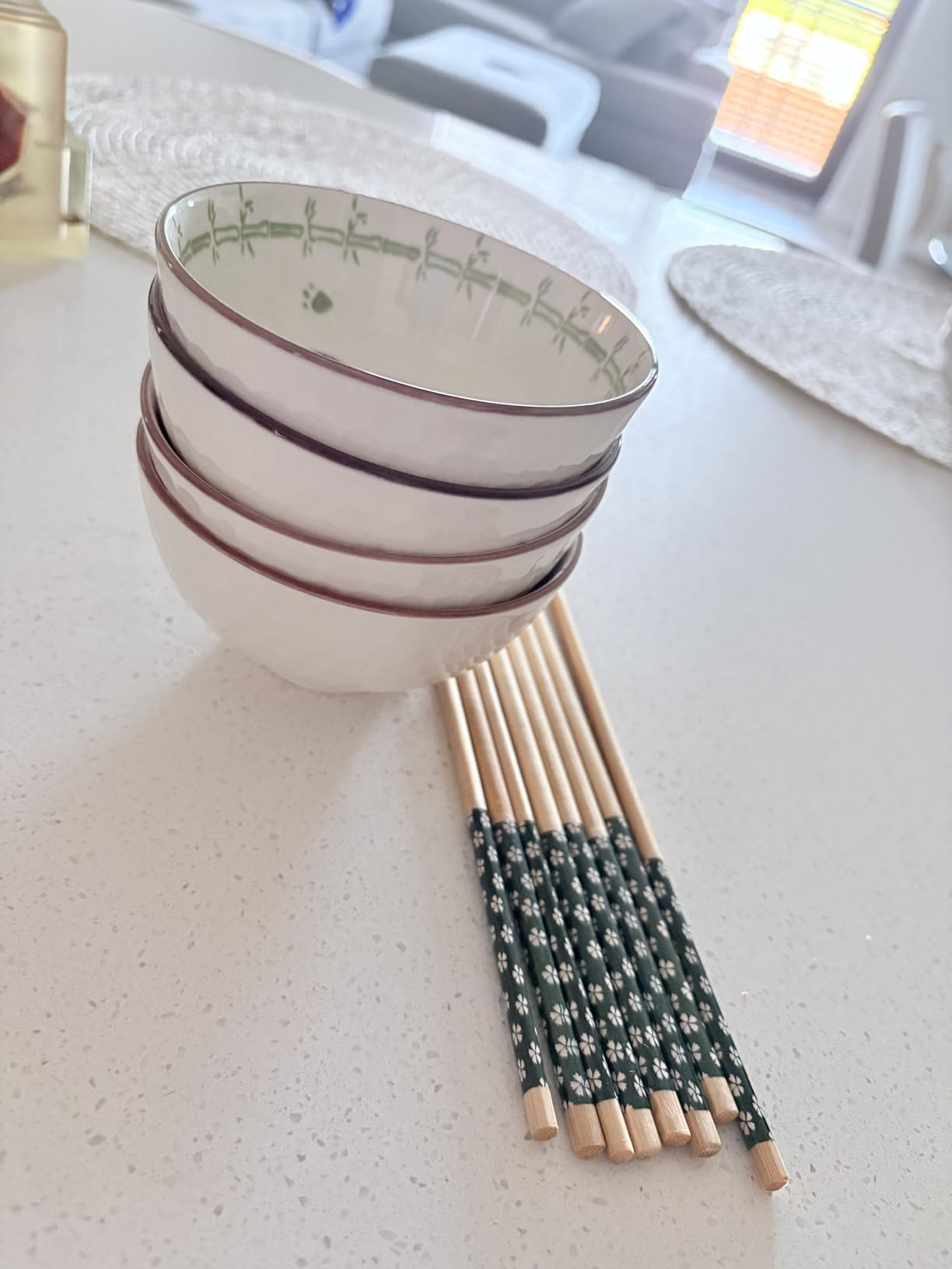 Cute Ceramic Rice Bowl Set with Bamboo Design and Chopsticks Set of 4, Durable Asian Tableware for Soup, Ramen, Cereal & Salad, Microwave Safe customer photo 1
