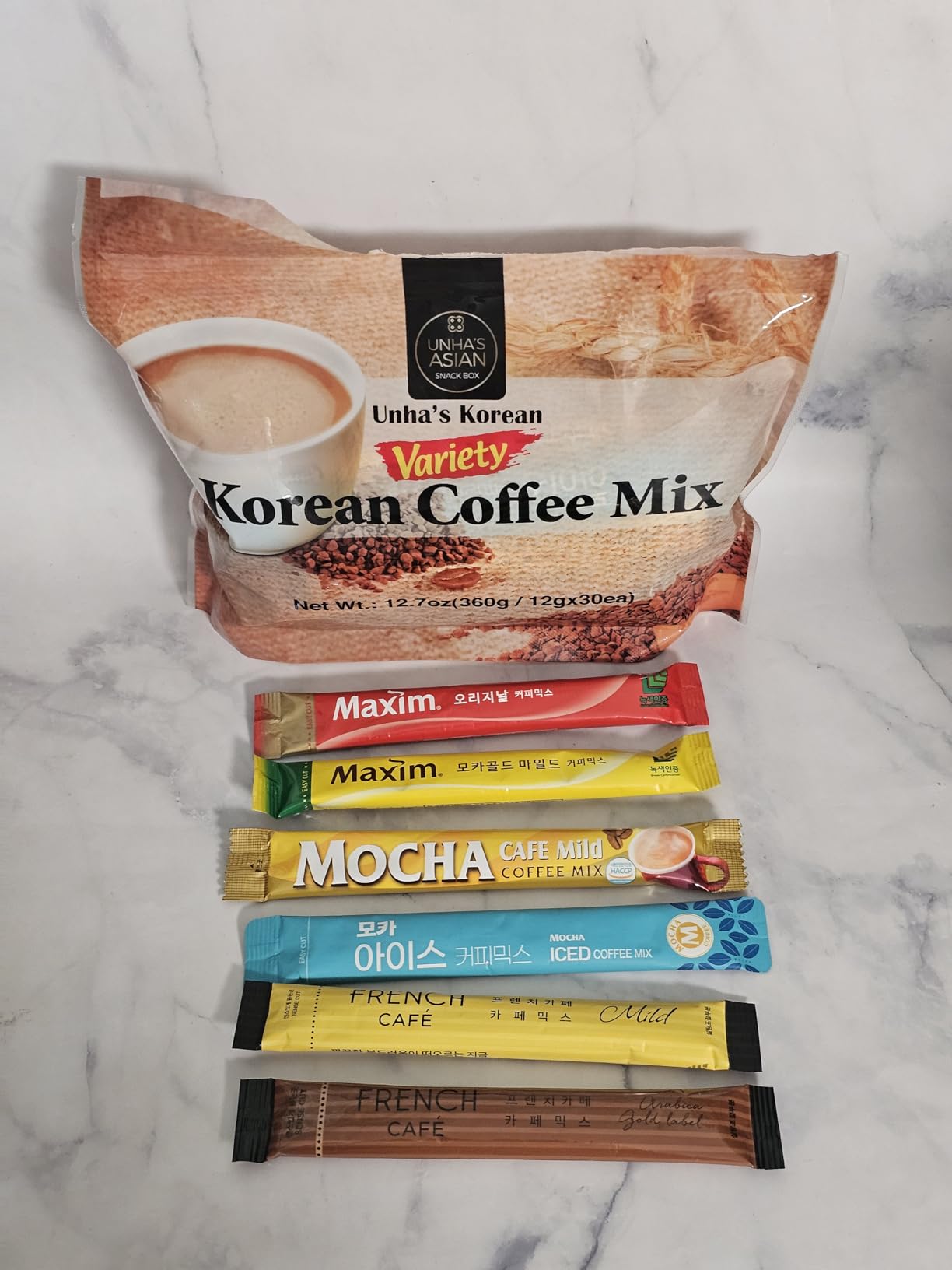 Korean Variety Coffee Sampler, 30 Sticks - 6 Flavors Including Maxim Original, Mocha, Blended Mocha, Gold Blended, Arabica & Iced Mocha - Instant Coffee Mix Single-Serve Gift Set (30 Pack) customer photo 2