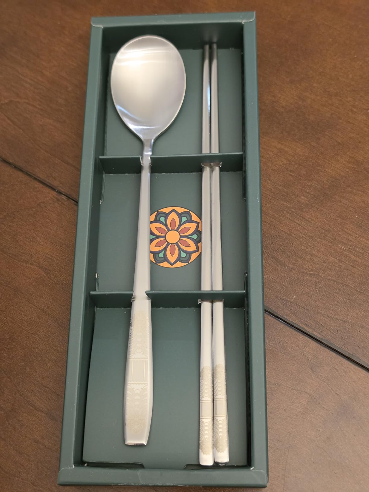 Korean Dancheong Engraved Spoon and Chopsticks Set, 18/10 Stainless Steel | Sujeo gift set for one in Korean inspired box, made in korea customer photo 1