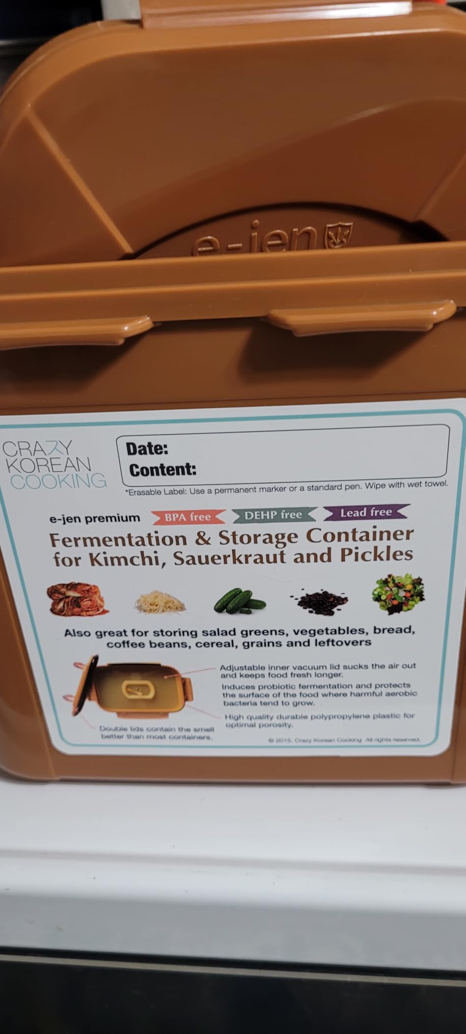Crazy Korean Cooking Premium Kimchi, Sauerkraut Fermentation and Storage Container with Inner Vacuum Lid, Sandy Brown, 0.9 gallon (3.4 L) (0.9 Gal (3.4L) 1 PACK) customer photo 2