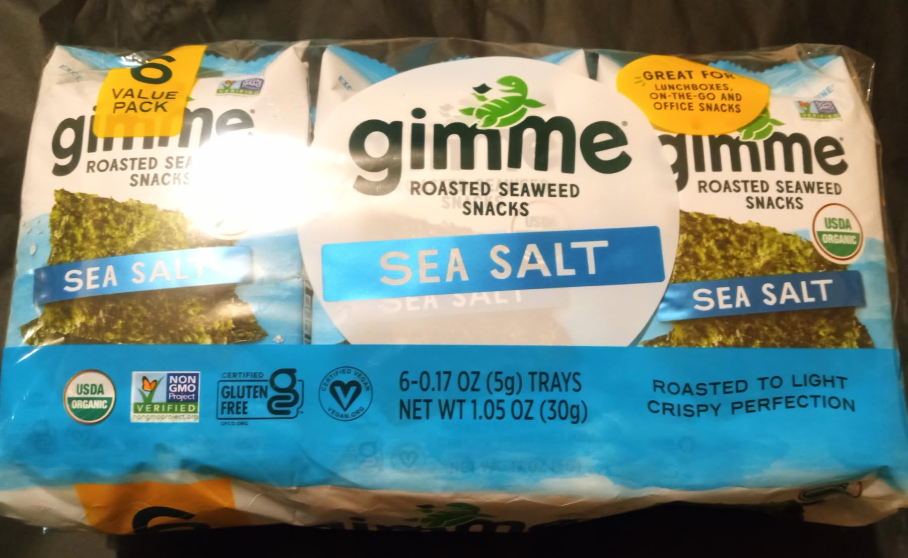 Gimme Seaweed Organic Premium Roasted Seaweed Snacks, Sea Salt, 6 Count, Keto, Vegan, Gluten-Free, Great Source of Omega3s and Iodine, Healthy On-The-Go Snack for Kids and Adults customer photo 1