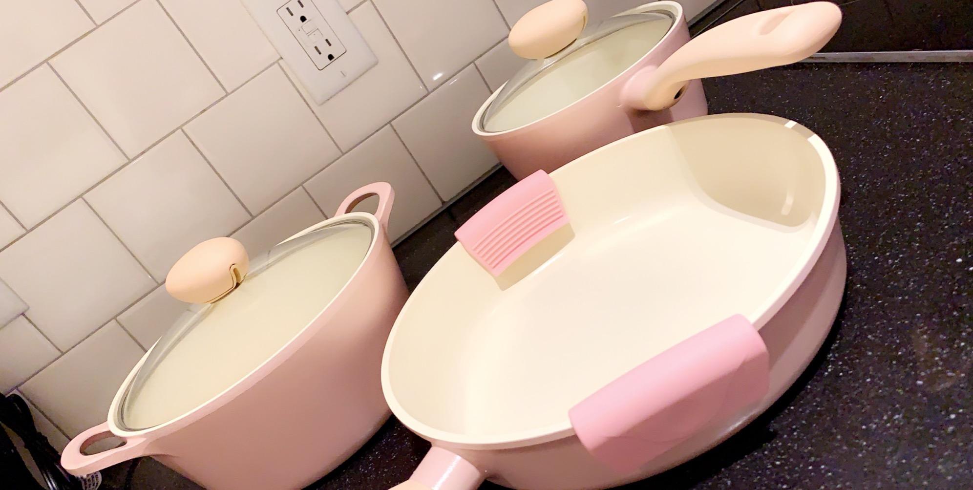 Neoflam Retro 5-Piece Ceramic Nonstick Cookware Set, PFOA Free Pots and Pans with Integrated Steam Vent Lid knob prevents boil over and Heat Resistant Silicone Grips for safer cooking at kitchen, Pink customer photo 2