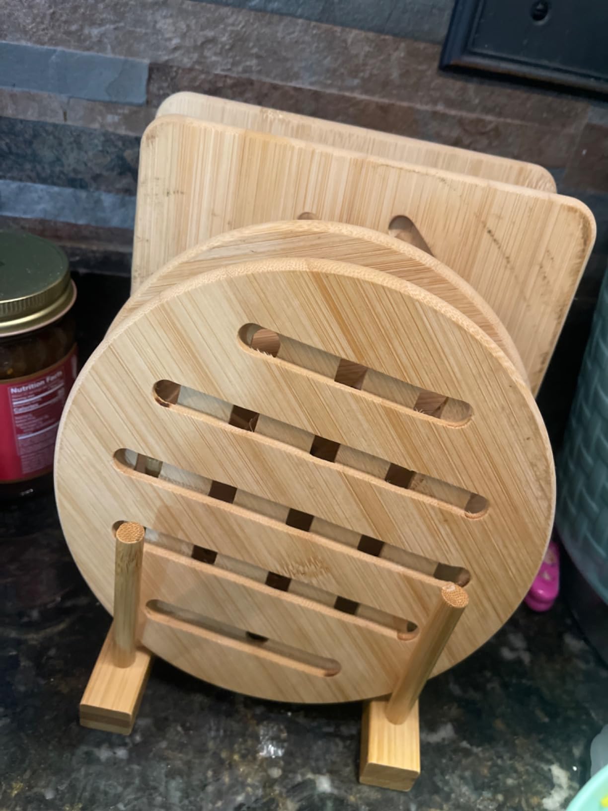 Hot Pads Trivet,Table Solid Bamboo Wood Trivets for Hot Dishes and Pot with Non-Slip Pads Heat Resistant Pads Teapot Trivet 4pcs(Multi Size,2 Square 2 Round) customer photo 1