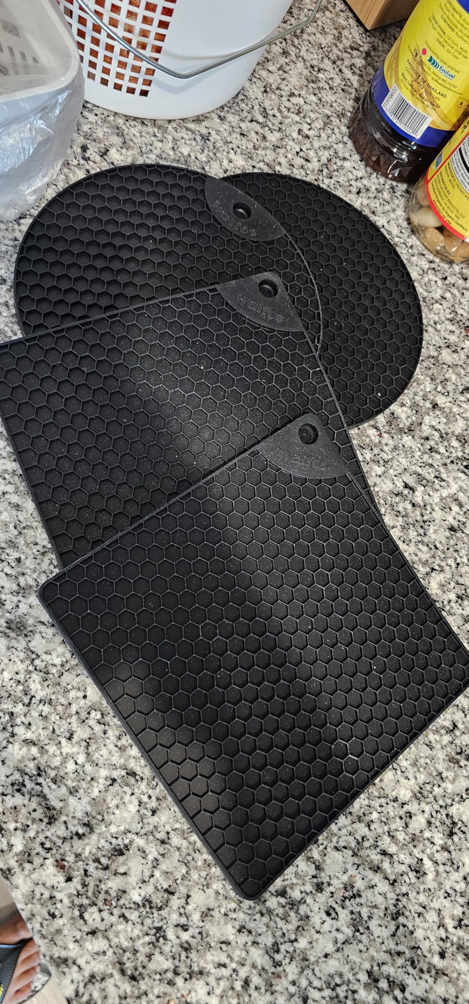 Walfos Silicone Trivet Mats - 4 Heat Resistant Pot Holders, Multipurpose Non-Slip Hot Pads for Kitchen Potholders, Hot Dishers, Jar Opener, Spoon Holder, Food Grade Silicone & BPA Free (Black) customer photo 1