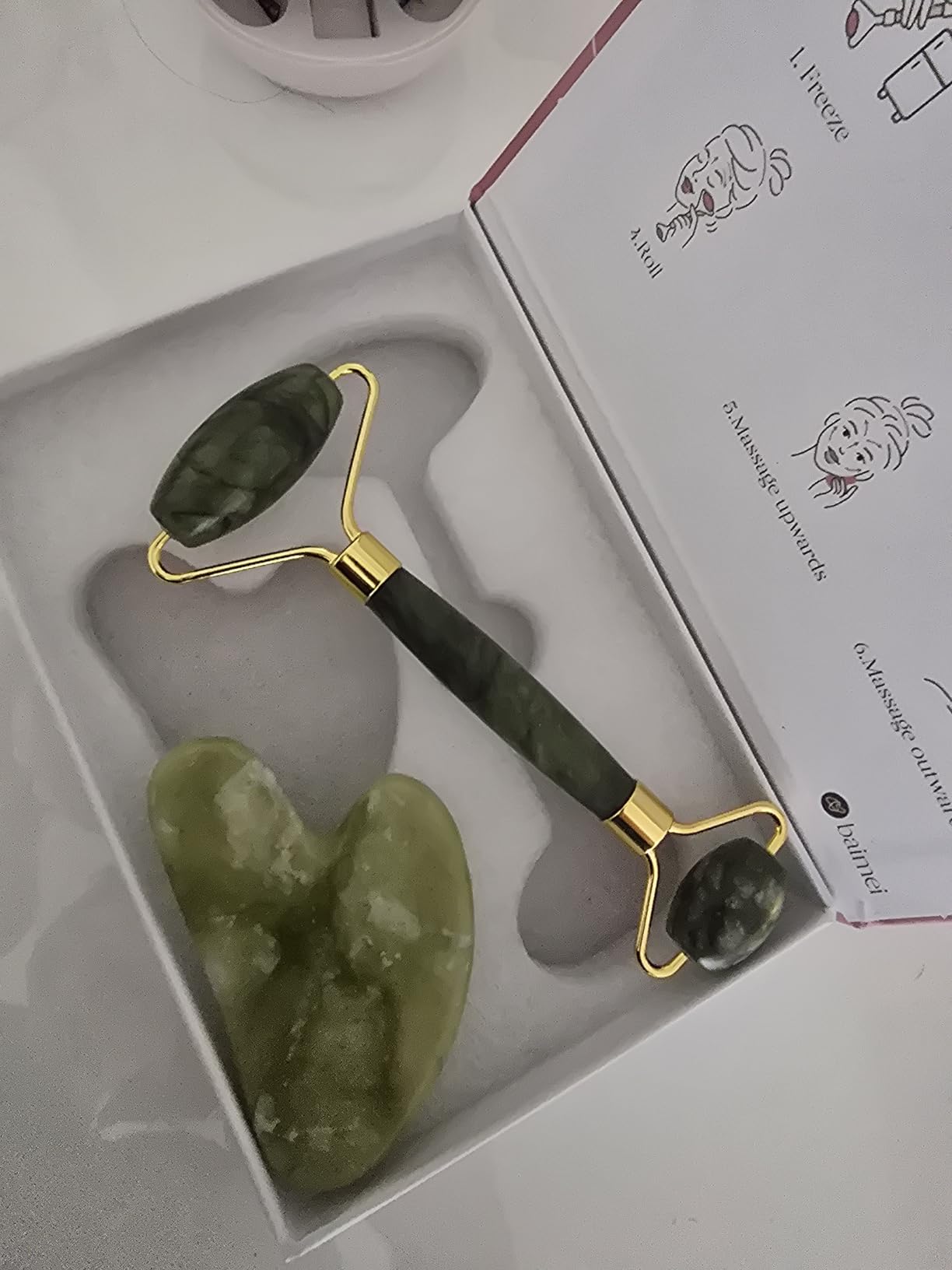 BAIMEI IcyMe Jade Roller & Gua Sha Facial Tool Set for Face Depuffing | Smoothing Face Roller and GuaSha Tool for Skin Care Daily Routine & Relaxation, Beauty Self Care Gifts for Women- Light Green customer photo 1
