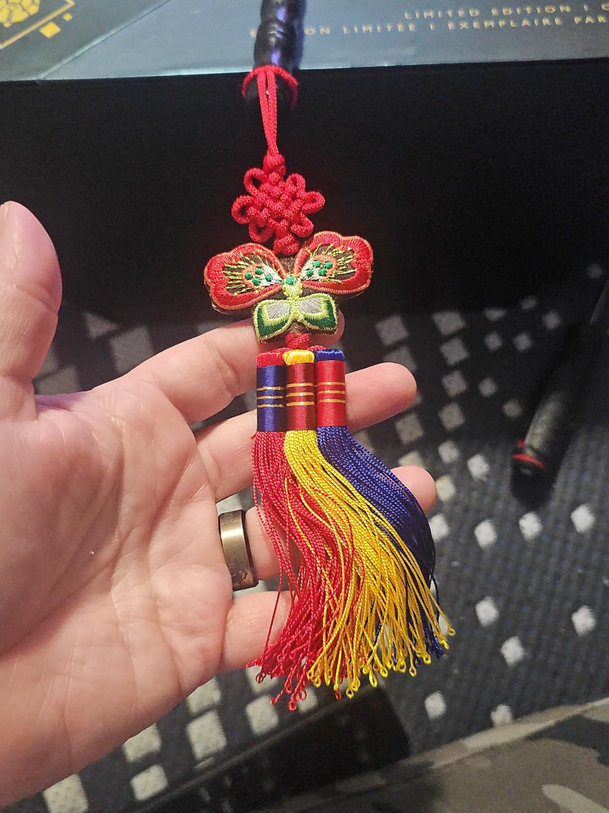 Seoulful Vintage Korean Butterfly Norigae - Traditional Tricolor Tassel Bag Charm with Red, Blue, and Yellow Stripes - Hanbok Knot Pendant Keychain customer photo 1