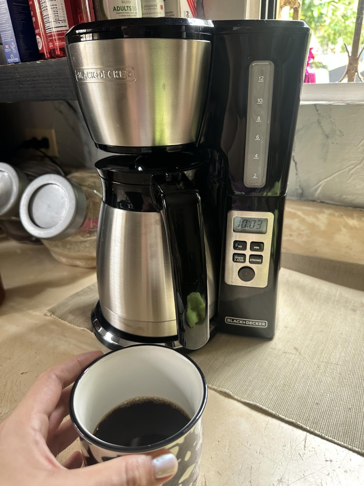 BLACK+DECKER 12 Cup Thermal Programmable Coffee Maker with Brew Strength and VORTEX Technology, Black/Steel, CM2046S customer photo 1