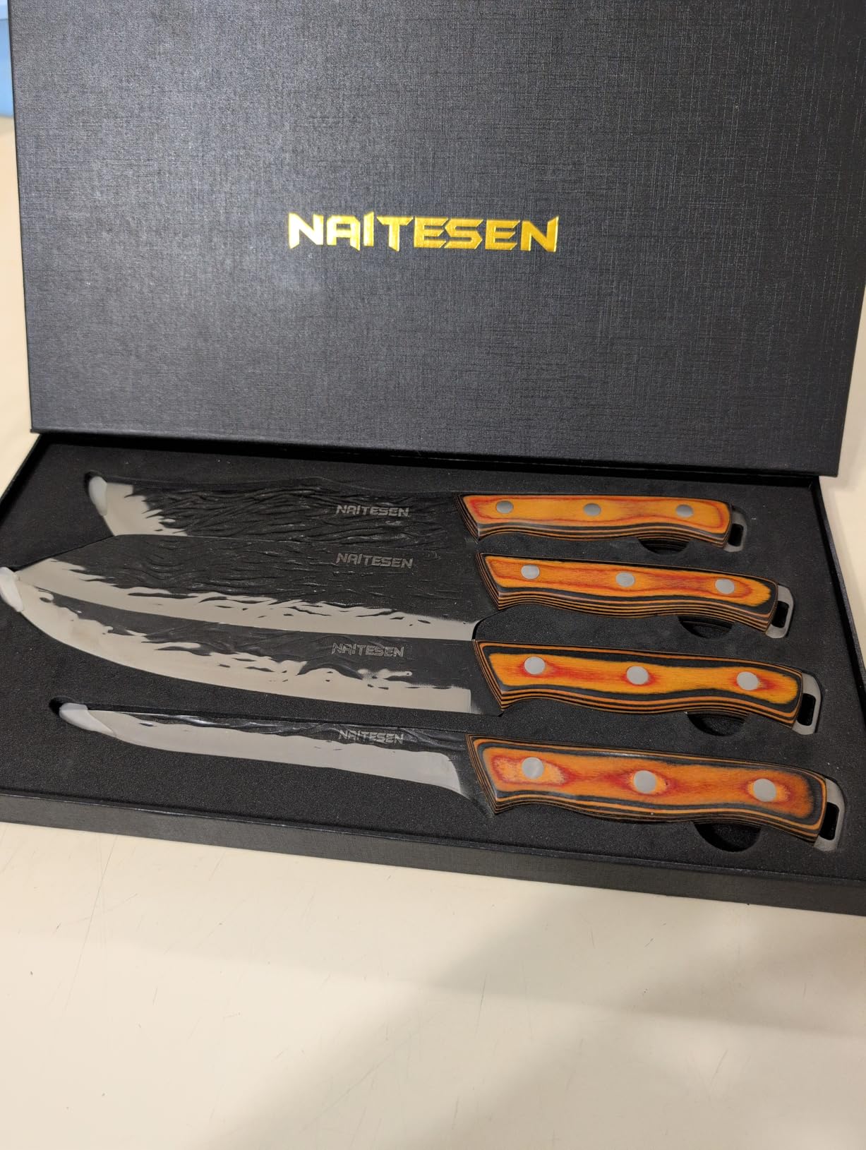 4PCS Hand Forged Butcher Knife Set, Kitchen Knives Gift for Men Women | Gift Box Razor Sharp Heavy Duty Meat Cleaver Serbian Chef Knife Breaking Knife Boning Knife for Meat Cutting BBQ Kitchen Use customer photo 1