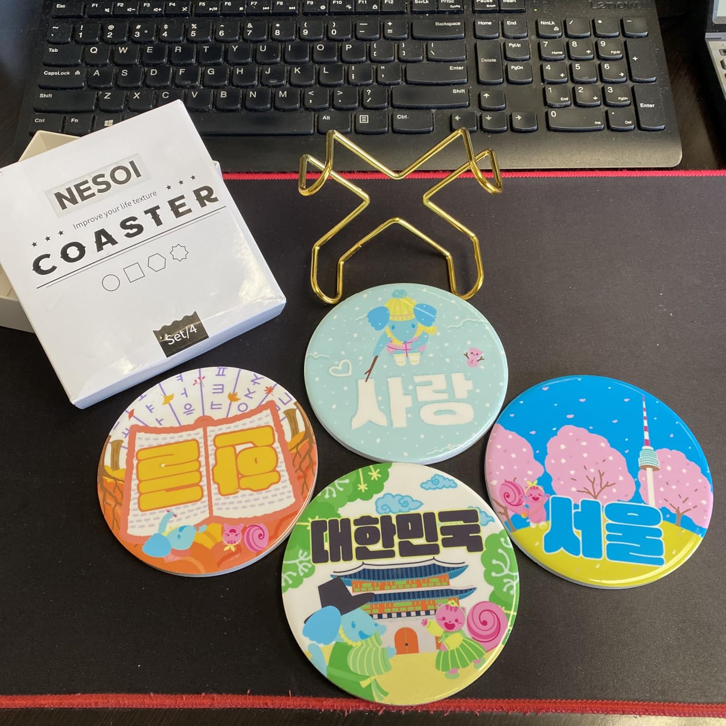 Korea in the Coasters Set of 4, Korean Home Decor,Traditional Palace and Seoul Tower Theme, Cute Style Coaster for Coffee Table, 4.25 Inches, Coasters with Gold Holder, Doggie, Chipmunk customer photo 1