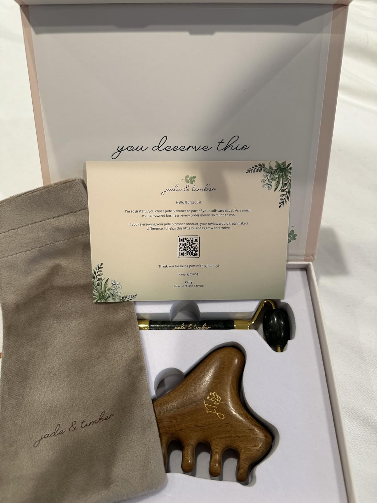jade & timber Jade Roller & Green Sandalwood Gua Sha Set - Facial & Body Massage Tools for Lymphatic Drainage & Sculpting - Self Care Gift customer photo 2