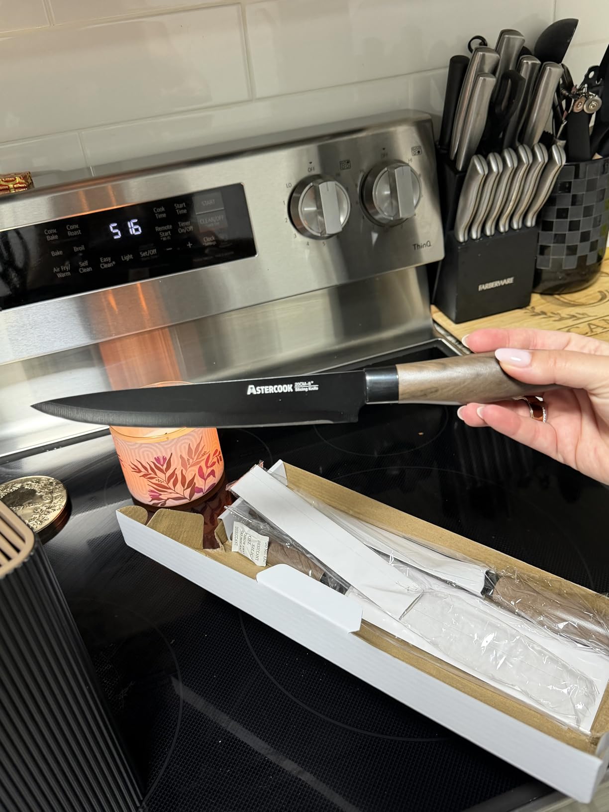 Astercook Knife Set, 6-Piece Kitchen Knife Set with Block, High Carbon Stainless Steel Ultra Sharp Kitchen Knives, Wood Grain Handle, Dishwasher Safe Knife Block Set, Khaki, Kitchen Utility Knives customer photo 2