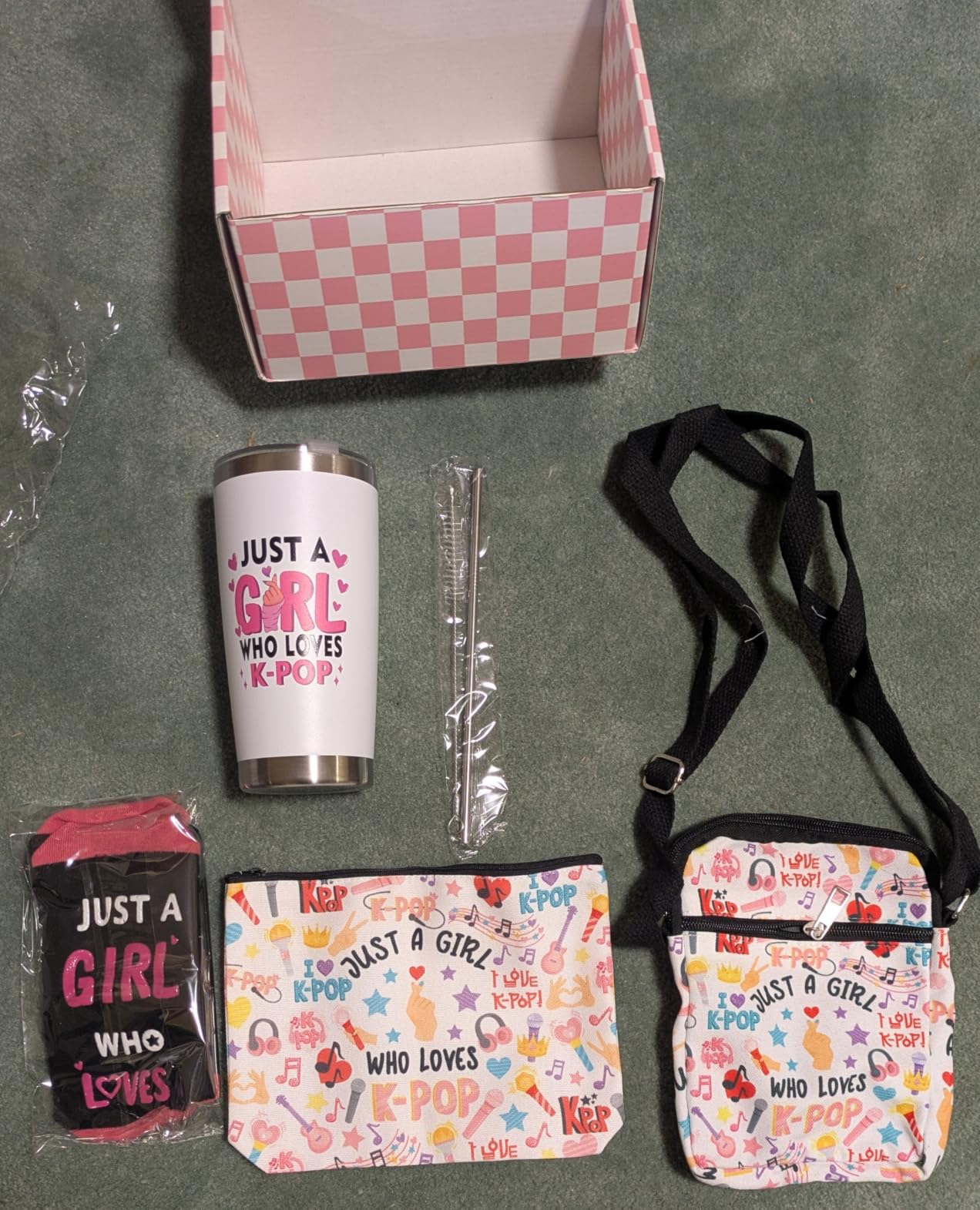 K-Pop Gift Set for Girls - 4-in-1 Bundle Includes 20oz Vacuum Insulated Tumbler, Crossbody Phone Bag, Makeup Pouch, and Aesthetic Cotton Socks - Trendy Korean Idol Style Merchandise Fans Gifts Bundle customer photo 2