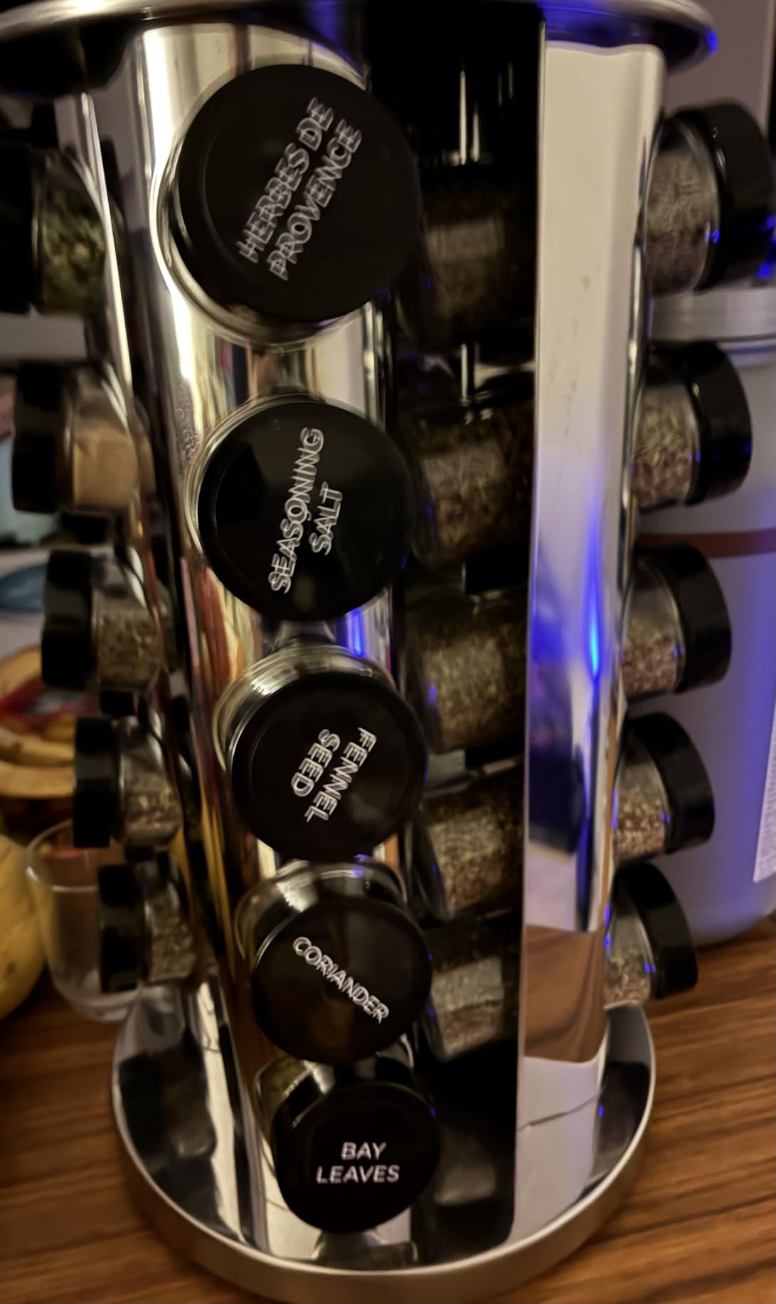 Kamenstein 20 Jar Revolving Countertop Spice Rack with Spices Included, FREE Spice Refills for 5 Years, Polished Stainless Steel with Black Caps, 30020 customer photo 2