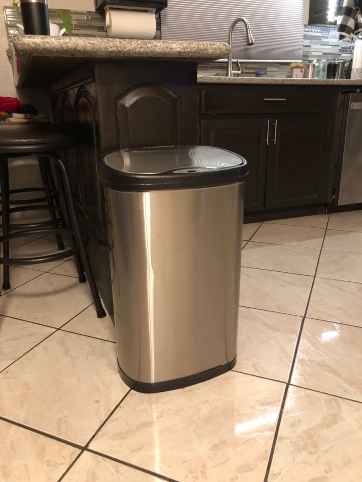 Ninestars 13 Gallon Oval Automatic Trash Can, 50L Touchless Motion Sensor Kitchen Garbage Can with Odor-Sealing Black Lid, Silver Stainless Steel customer photo 1