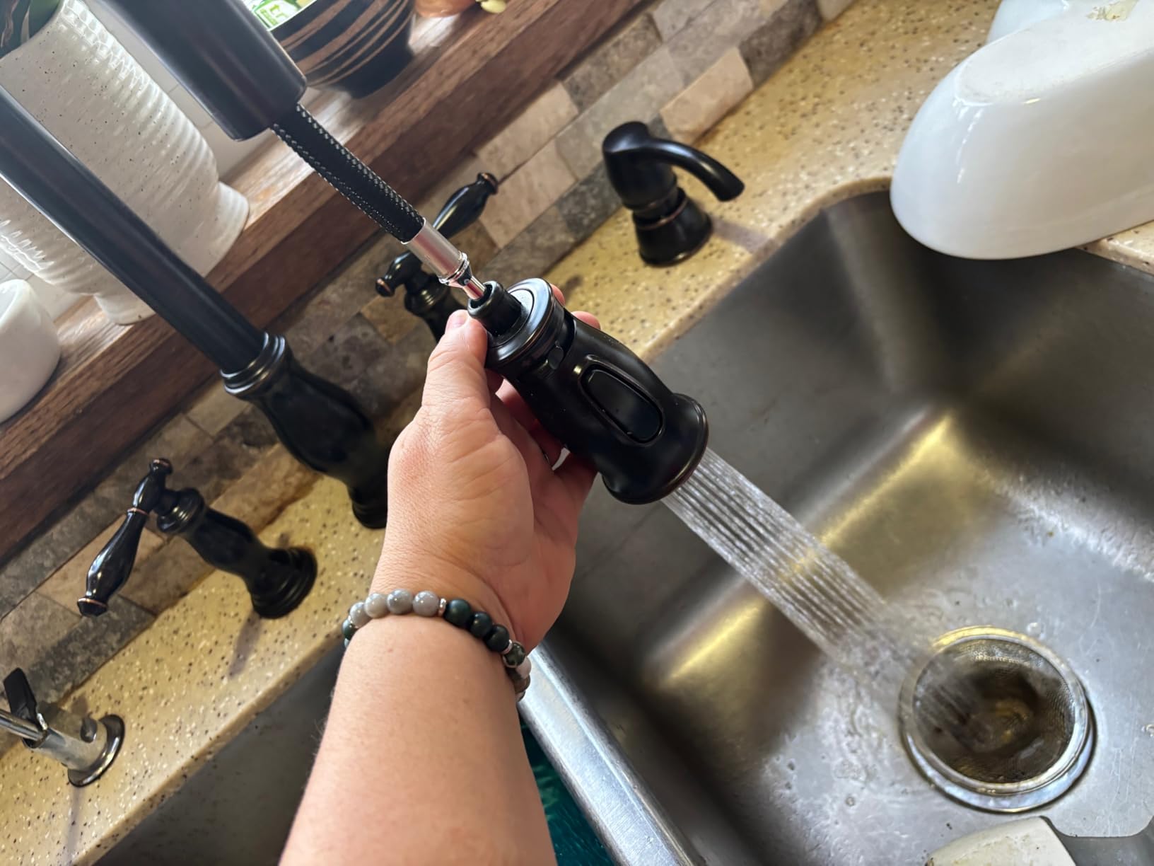 Pfister Hanover Kitchen Sink Faucet with Pull Down Sprayer and Soap Dispenser, 2-Handle High Arc Design, 4-Hole Installation, Tuscan Bronze Finish for Kitchen Sink F5314HNY customer photo 2