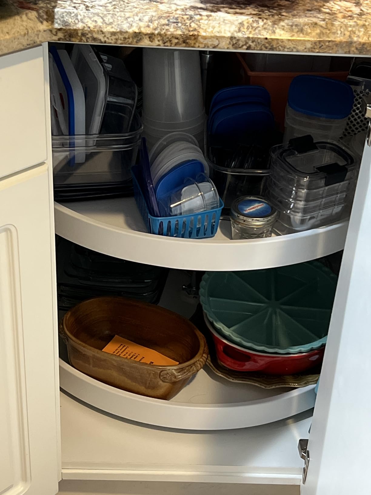 Rev-A-Shelf 18 Inch Dual Full-Circle Lazy Susan Organizer for Upper Corner Kitchen Cabinets, Plastic Home Storage 2 Tier Shelves, White, 6012-18-11-52 customer photo 1