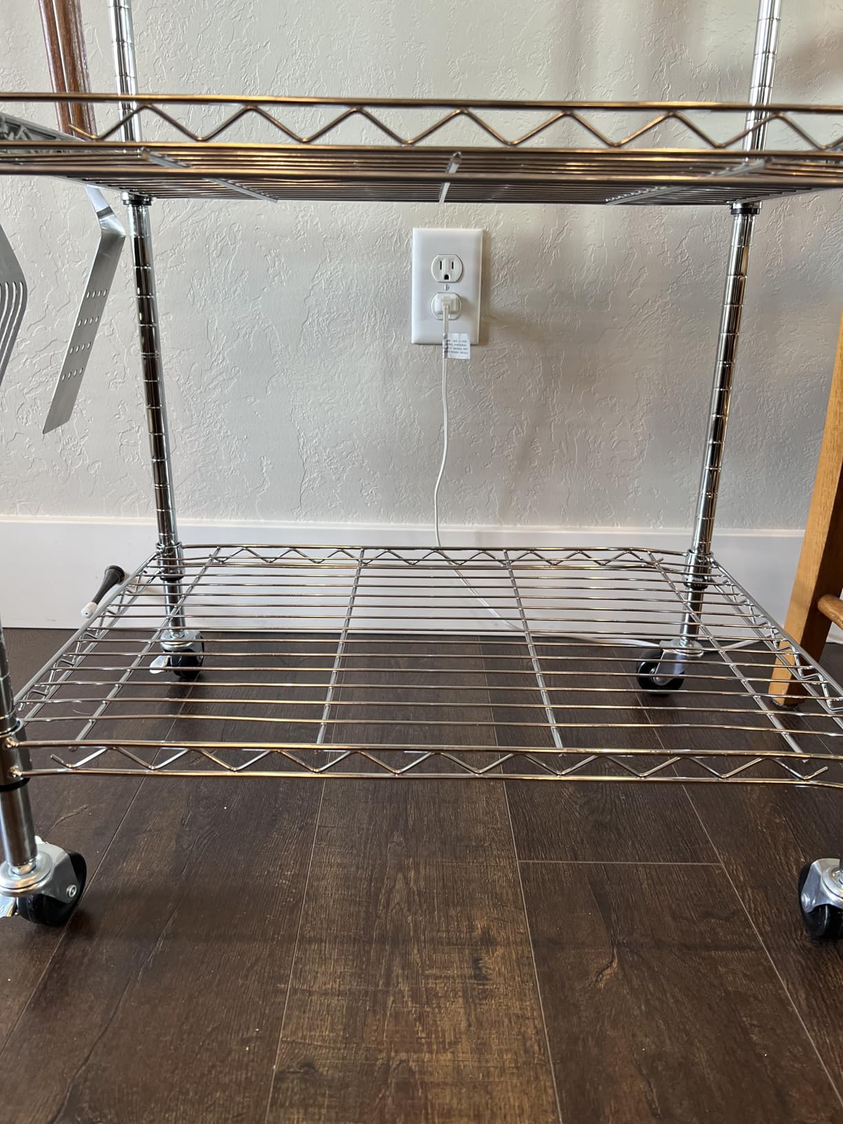 Finnhomy 3-Tier Rolling Kitchen Cart, Microwave Cart with Oak Wood Tabletop and Drawer Slider, Coffee Cart & Food Service Cart with Hooks, Chrome customer photo 2