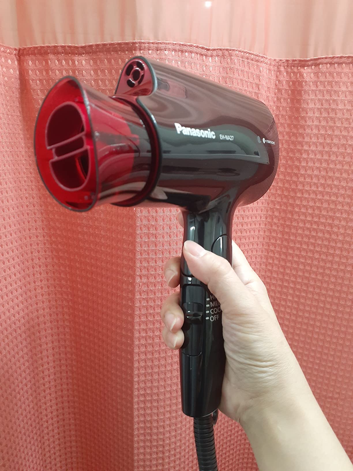 Panasonic nanoe Compact Hair Dryer for Healthy-Looking Hair, 1400W Portable, Folding Handling and Quickdry Nozzle for Fast Drying - EH-NA27-K (Black/Pink) customer photo 1
