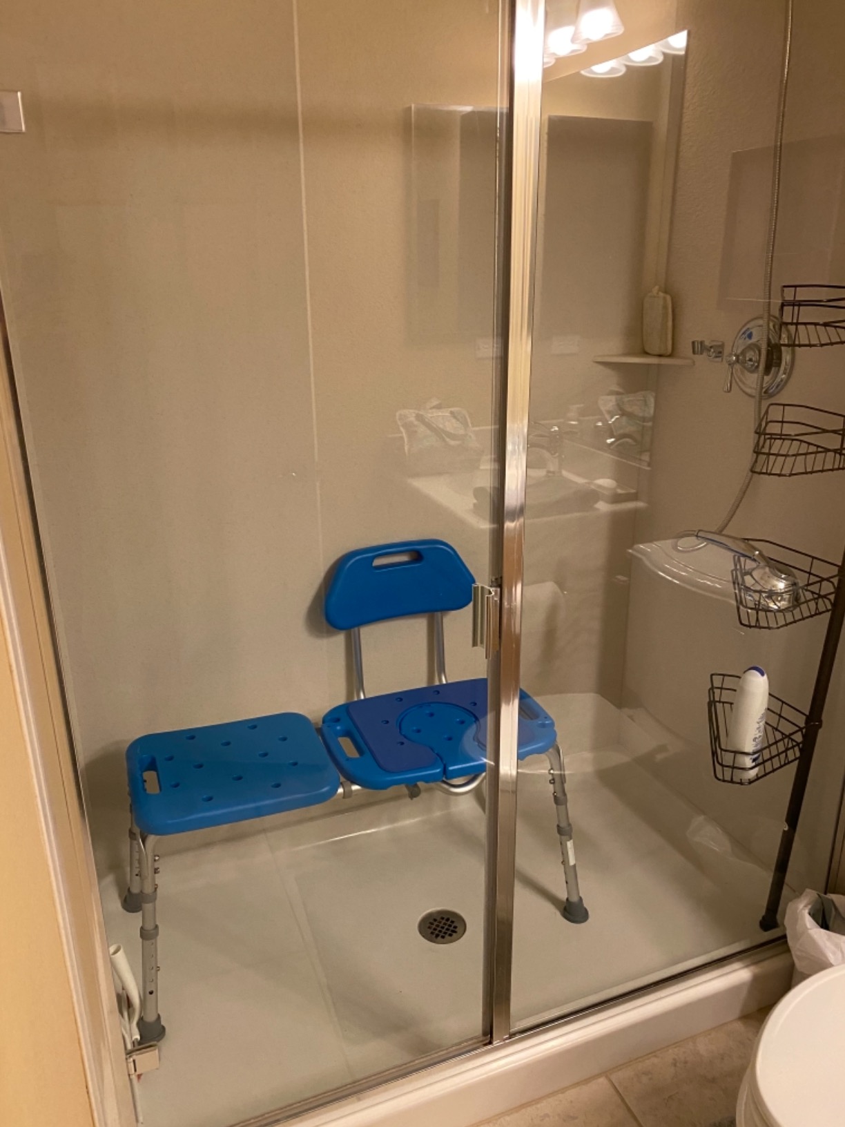 Platinum Health Bath Transfer Bench with Cutout Shower Seat, Deluxe All-Access Chair for Tub and Shower Transfers, Raised Toilet Seat for Seniors and Elderly, Adjustable Height, Includes Insert, Blue customer photo 1
