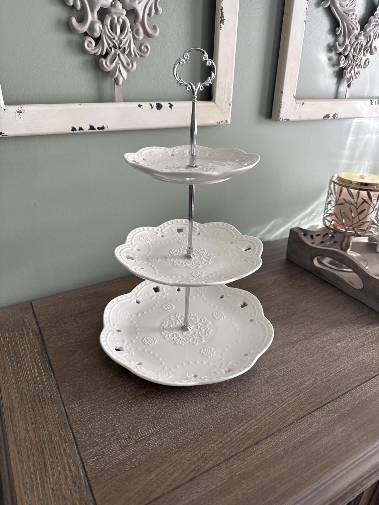 3-Tier Porcelain Cupcake Stand Serving Tray - White Embossed Elegant Dessert Cake Stand - Pastry Serving Stand for Tea Party, Wedding and Birthday customer photo 1
