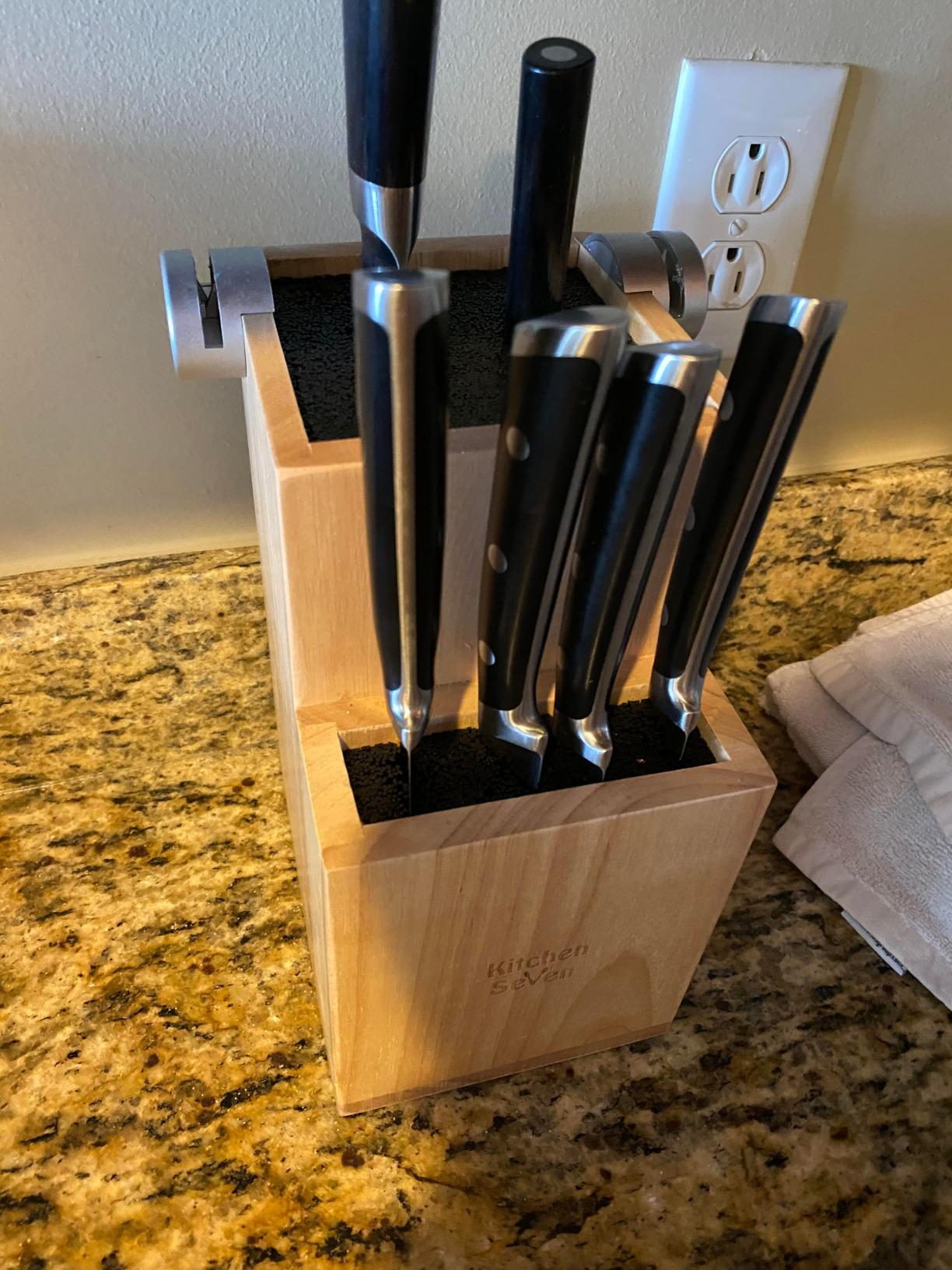 Bamboo Universal Knife Block - Knife Holder with 2 Built-In Knife Sharpeners - 2-Tiered Modern Knife Storage Up to 16 Large and Small Knives Easy Clean Wooden Knife Organizer by Kitchen Seven customer photo 2