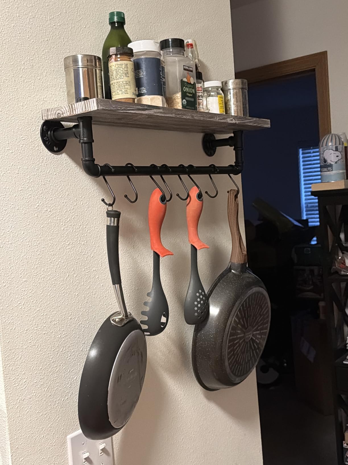 MyGift 30 Inch Ceiling or Wall Mounted Pot Rack with Rustic Brown Solid Wood Shelf and Industrial Matte Black Metal Pipe, Hanging Cookware Utensils Organizer with 8 S-Hooks customer photo 1