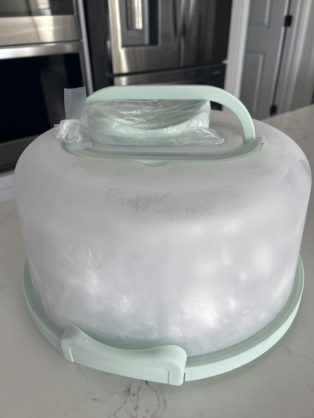 Top Shelf Elements Round Cake Carrier Two Sided Cake Holder Serves as Five Section Serving Tray, Portable Fits 10 inch Cake, Box Comes With Handle, Container Holds Pies (Green) customer photo 1