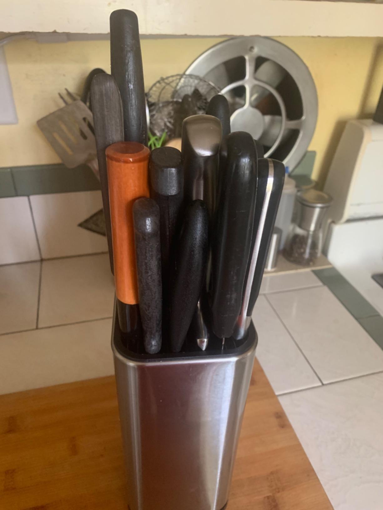 Laxinis World Universal Knife Block, Stainless-Steel Modern Rectangular Design with Scissors-Slot, Knife Holder Counter-top Storage, Holds 12 8”-Blade Knives, 9.1” by 4”(knives not included) customer photo 2