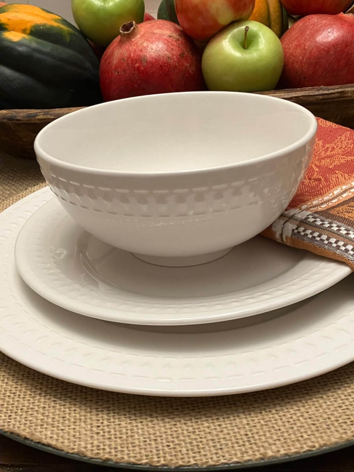 TTU Tabletops Gallery Embossed Bone White Porcelain Round Dinnerware Collection- Chip Resistant Scratch Resistant, Contempo 12 Piece Dinnerware Set (Dinner Plate, Salad Plate, Cereal Bowl) customer photo 2