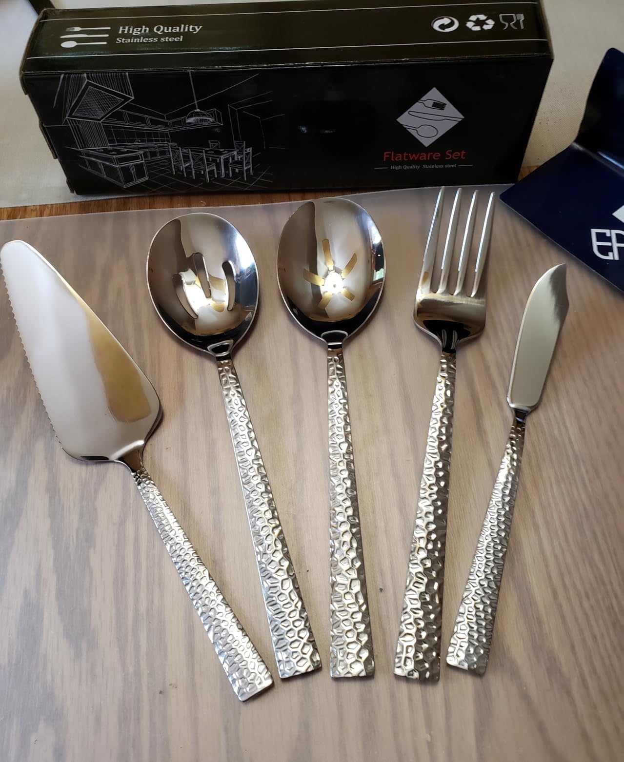 E-far Hammered Serving Utensils, 5-Piece Stainless Steel Square Hostess Serving Set for Buffet Party Kitchen Restaurant, Mirror Finished & Dishwasher Safe customer photo 2