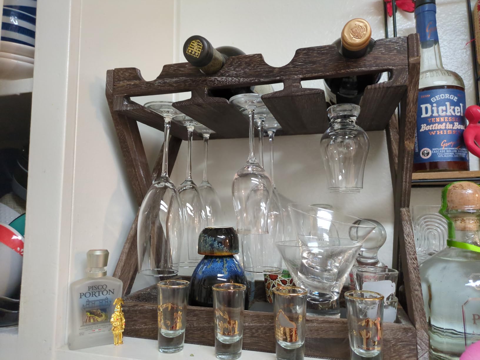 Rustic State Cava Countertop Solid Wood Wine Rack for 4 Bottles and 6 Stemware Glass Holder Cork Storage Tabletop Tray Freestanding Organizer - Home, Kitchen, Dining Room Bar Décor - Walnut customer photo 1