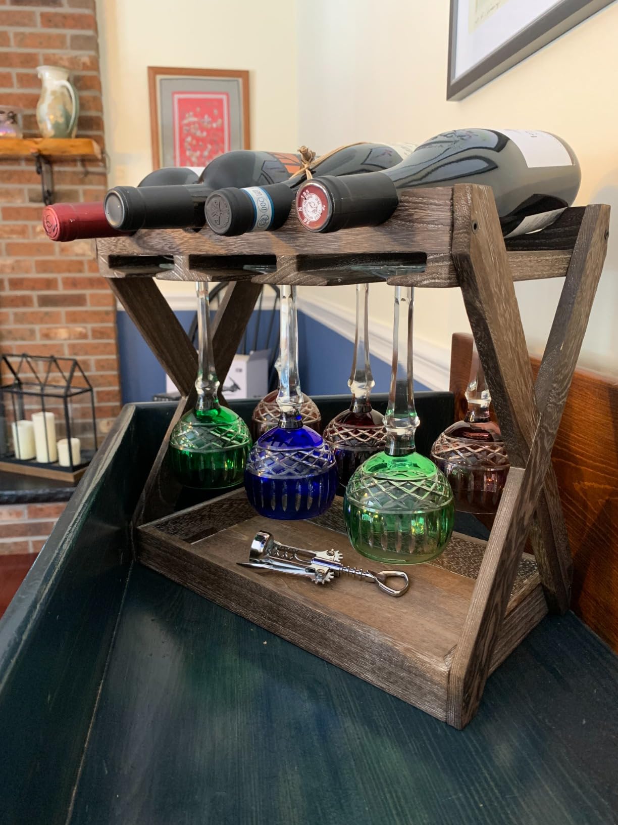 Rustic State Cava Countertop Solid Wood Wine Rack for 4 Bottles and 6 Stemware Glass Holder Cork Storage Tabletop Tray Freestanding Organizer - Home, Kitchen, Dining Room Bar Décor - Walnut customer photo 2