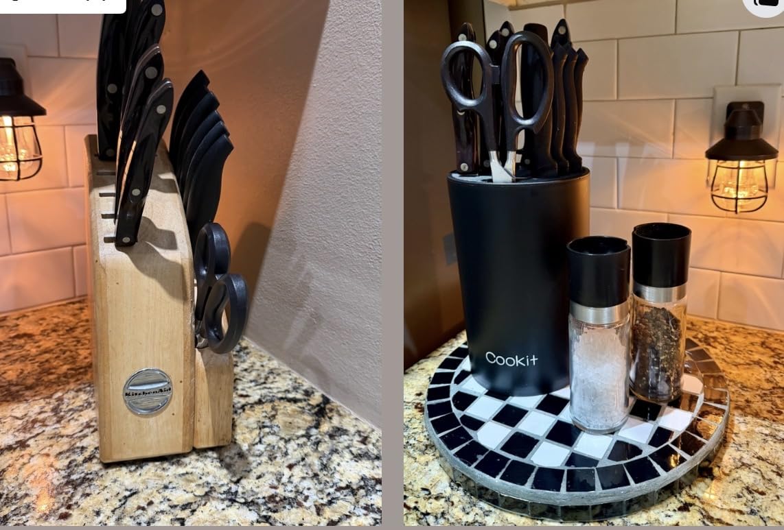 Knife Block Without Knives, Cookit Universal Round Knife Block Only, Detachable Knife Holder for Easy Cleaning, Space Saver Knife Storage Holder with Scissors Slot, Black customer photo 2