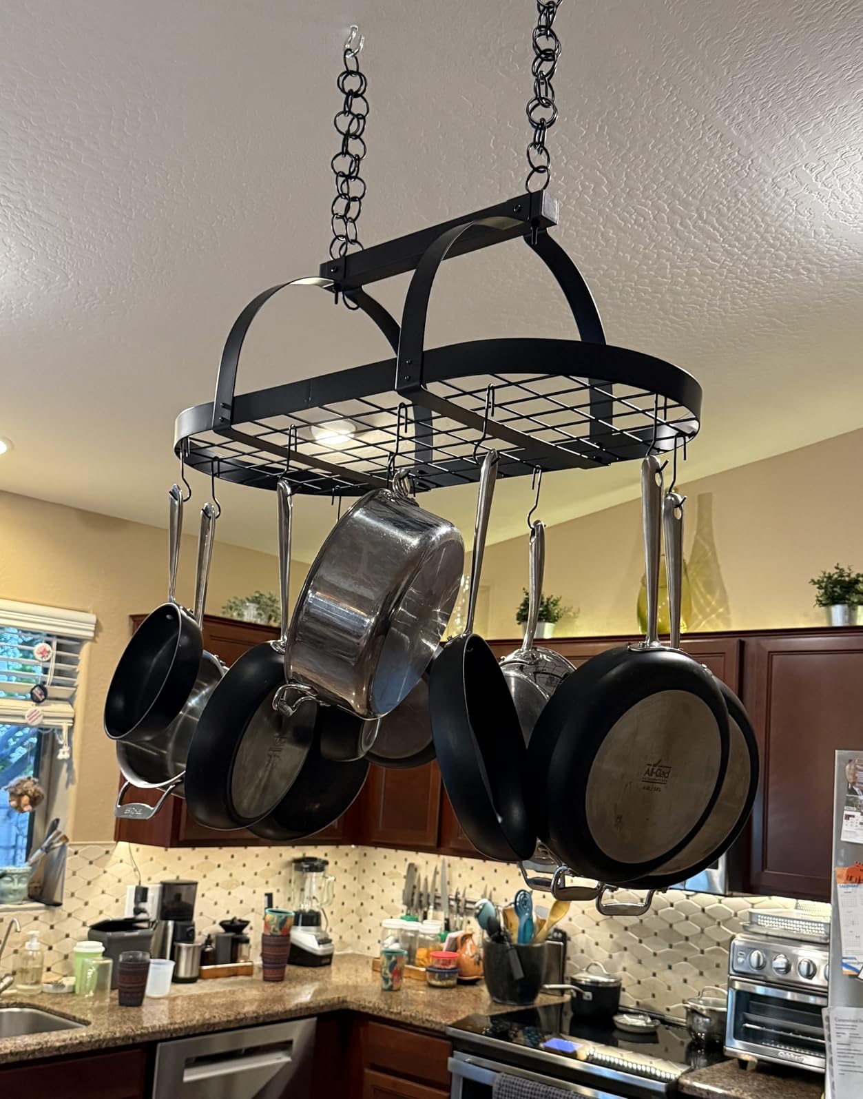 KES Ceiling Pot Rack 34-Inch Hanging Pot Rack for Kitchen Oval Pot and Pan Rack Matte Black Pot Hanger with 20 S Hooks (For 16